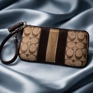 COACH brown signature stripe wristlet suede